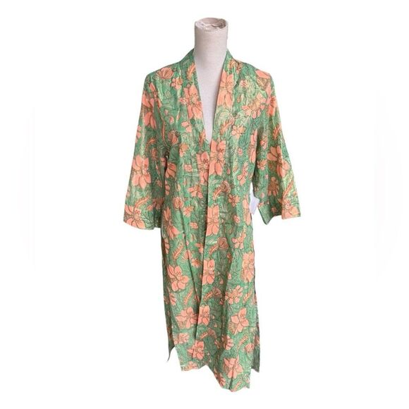 Juliet Dunn Floral Cotton-Blend Lamé Beach Cover-Up in Kelly Green/Coral NWT 4/6 - Picture 2 of 6
